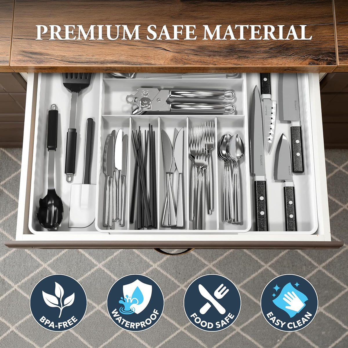 Expandable Kitchen Drawer Flatware Organizer, White | Expandable & Adjustable Cutlery Drawer Organizer - Large Utensil and Flatware Tray for Kitchen Drawers