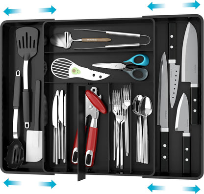 Expandable Kitchen Drawer Flatware Organizer, White | Expandable & Adjustable Cutlery Drawer Organizer - Large Utensil and Flatware Tray for Kitchen Drawers