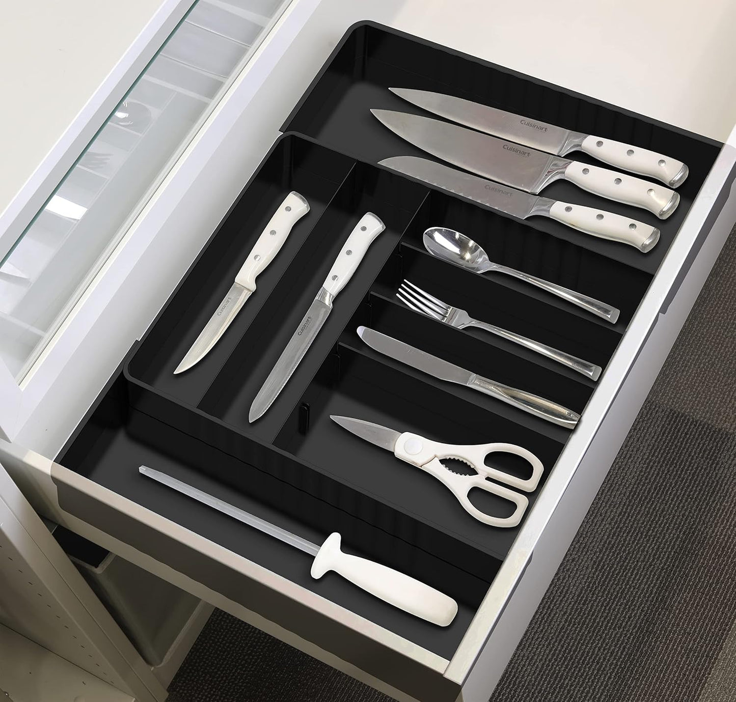 Expandable Kitchen Drawer Flatware Organizer, White | Expandable & Adjustable Cutlery Drawer Organizer - Large Utensil and Flatware Tray for Kitchen Drawers
