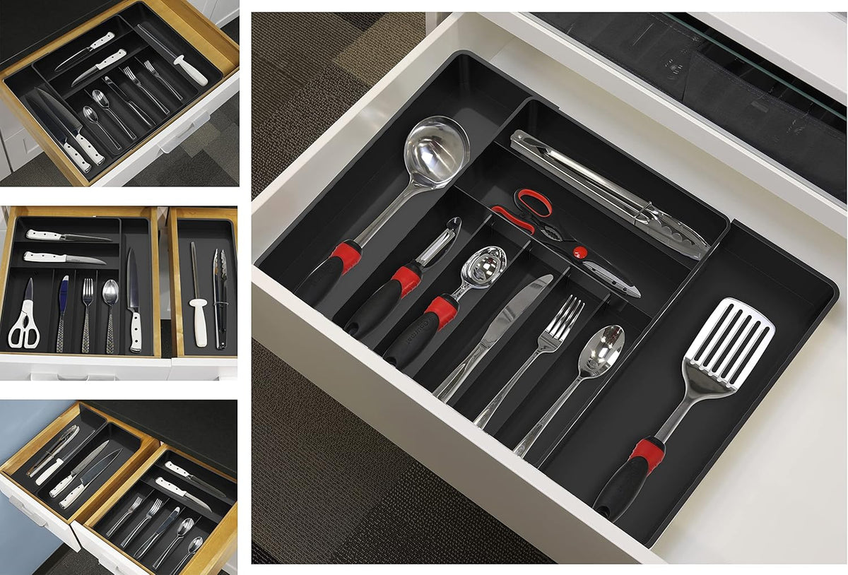 Expandable Kitchen Drawer Flatware Organizer, White | Expandable & Adjustable Cutlery Drawer Organizer - Large Utensil and Flatware Tray for Kitchen Drawers