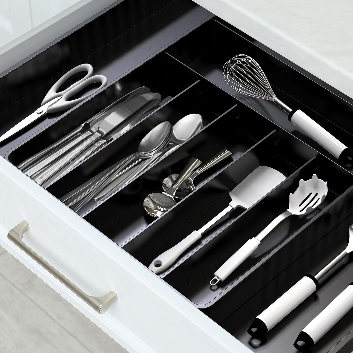 Expandable Kitchen Drawer Flatware Organizer, White | Expandable & Adjustable Cutlery Drawer Organizer - Large Utensil and Flatware Tray for Kitchen Drawers