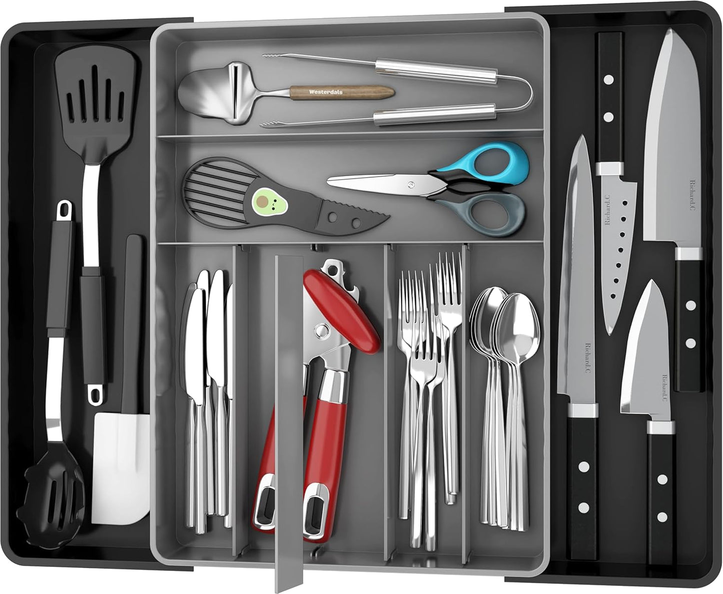 Expandable Kitchen Drawer Flatware Organizer, White | Expandable & Adjustable Cutlery Drawer Organizer - Large Utensil and Flatware Tray for Kitchen Drawers
