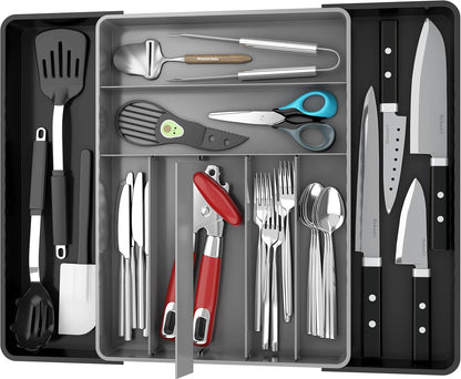 Expandable Kitchen Drawer Flatware Organizer, White | Expandable & Adjustable Cutlery Drawer Organizer - Large Utensil and Flatware Tray for Kitchen Drawers