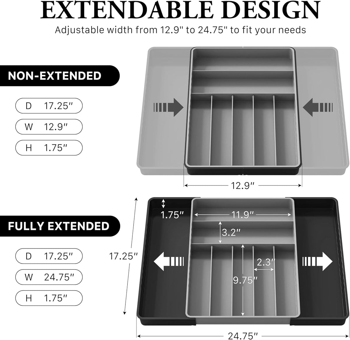 Expandable Kitchen Drawer Flatware Organizer, White | Expandable & Adjustable Cutlery Drawer Organizer - Large Utensil and Flatware Tray for Kitchen Drawers