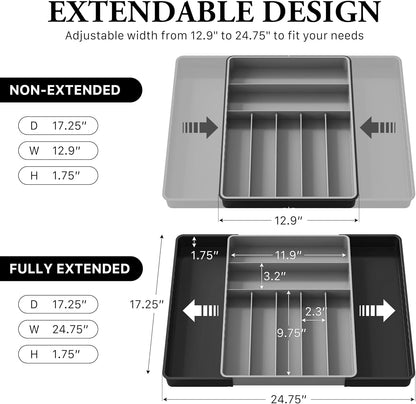 Expandable Kitchen Drawer Flatware Organizer, White | Expandable & Adjustable Cutlery Drawer Organizer - Large Utensil and Flatware Tray for Kitchen Drawers
