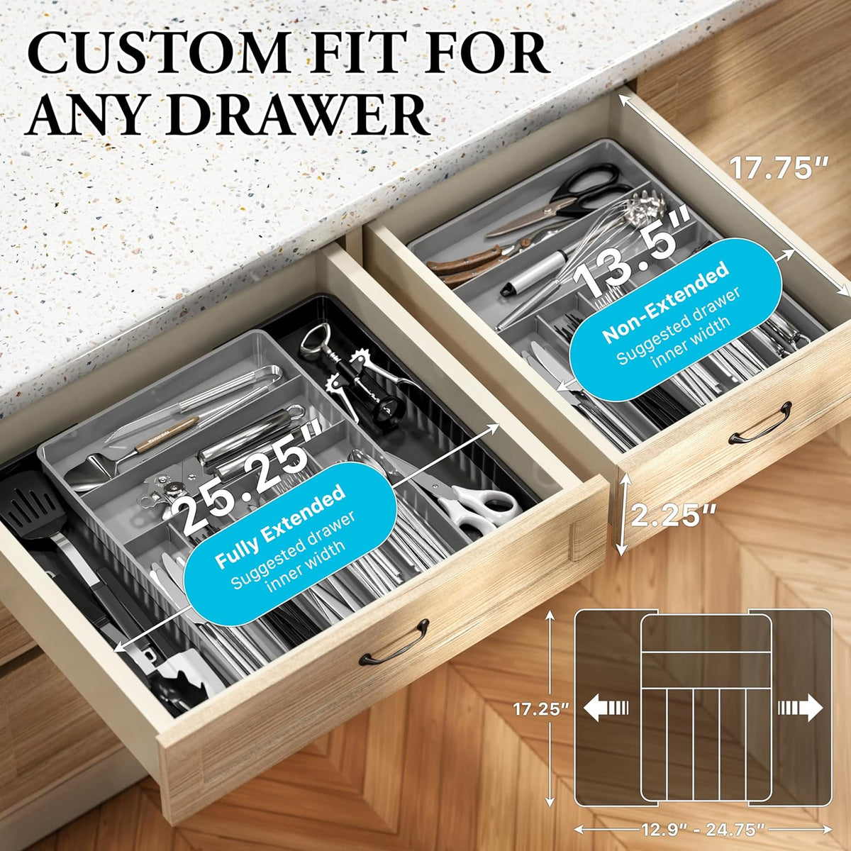 Expandable Kitchen Drawer Flatware Organizer, White | Expandable & Adjustable Cutlery Drawer Organizer - Large Utensil and Flatware Tray for Kitchen Drawers