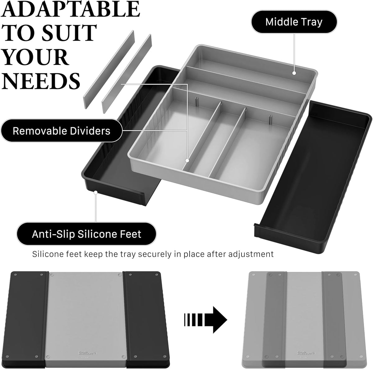 Expandable Kitchen Drawer Flatware Organizer, White | Expandable & Adjustable Cutlery Drawer Organizer - Large Utensil and Flatware Tray for Kitchen Drawers