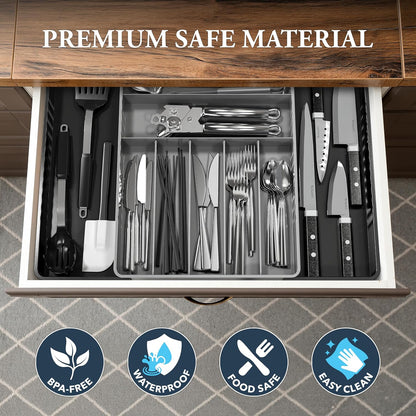 Expandable Kitchen Drawer Flatware Organizer, White | Expandable & Adjustable Cutlery Drawer Organizer - Large Utensil and Flatware Tray for Kitchen Drawers