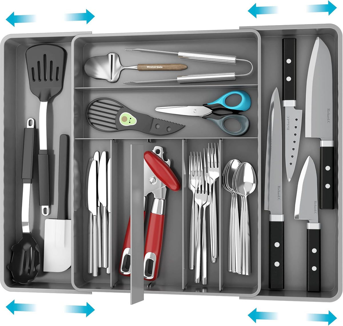 Expandable Kitchen Drawer Flatware Organizer, White | Expandable & Adjustable Cutlery Drawer Organizer - Large Utensil and Flatware Tray for Kitchen Drawers