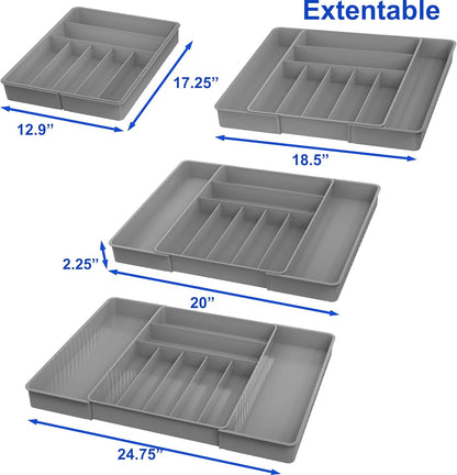 Expandable Kitchen Drawer Flatware Organizer, White | Expandable & Adjustable Cutlery Drawer Organizer - Large Utensil and Flatware Tray for Kitchen Drawers