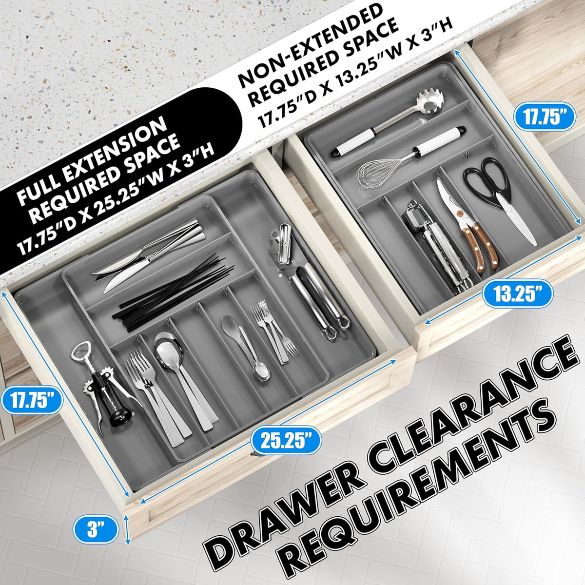 Expandable Kitchen Drawer Flatware Organizer, White | Expandable & Adjustable Cutlery Drawer Organizer - Large Utensil and Flatware Tray for Kitchen Drawers