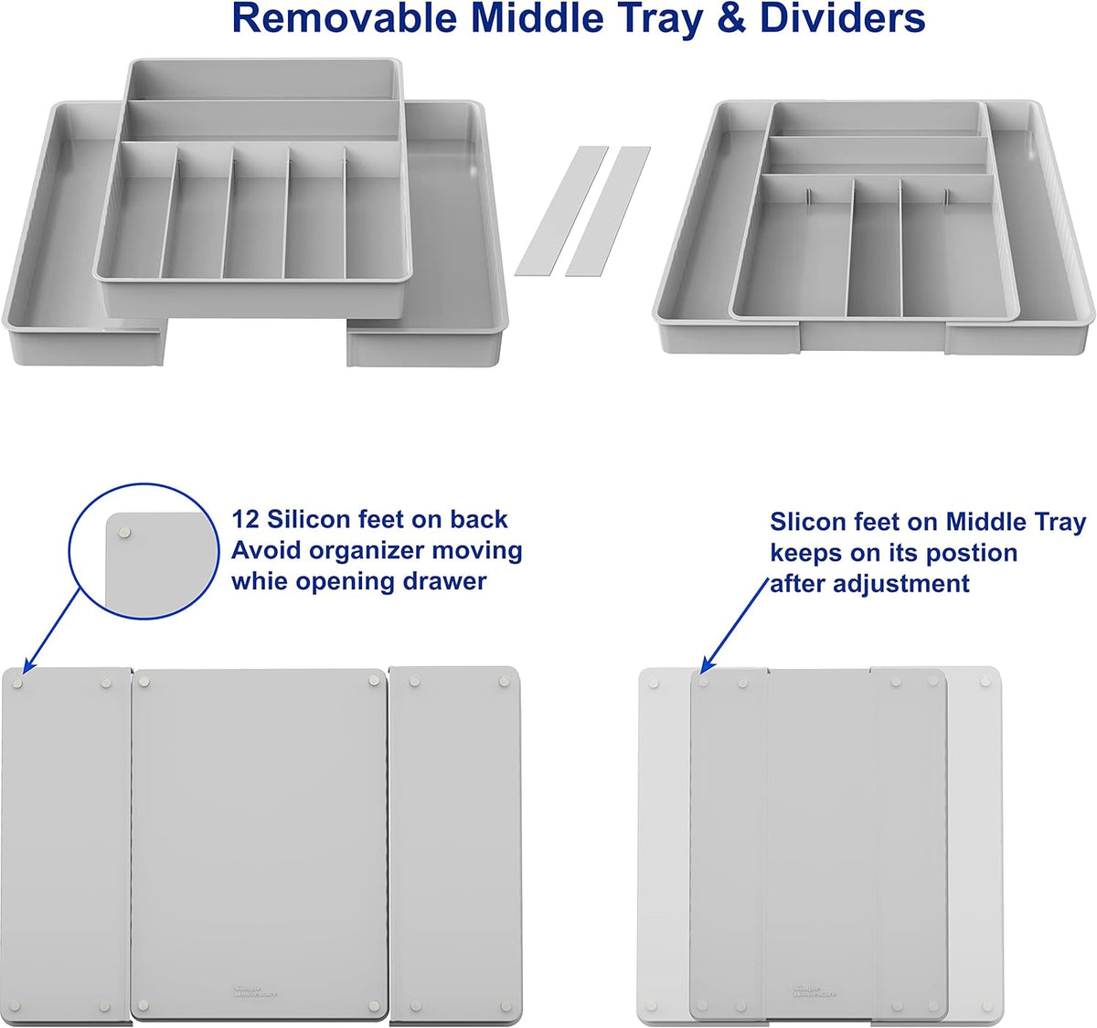 Expandable Kitchen Drawer Flatware Organizer, White | Expandable & Adjustable Cutlery Drawer Organizer - Large Utensil and Flatware Tray for Kitchen Drawers