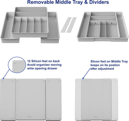 Expandable Kitchen Drawer Flatware Organizer, White | Expandable & Adjustable Cutlery Drawer Organizer - Large Utensil and Flatware Tray for Kitchen Drawers
