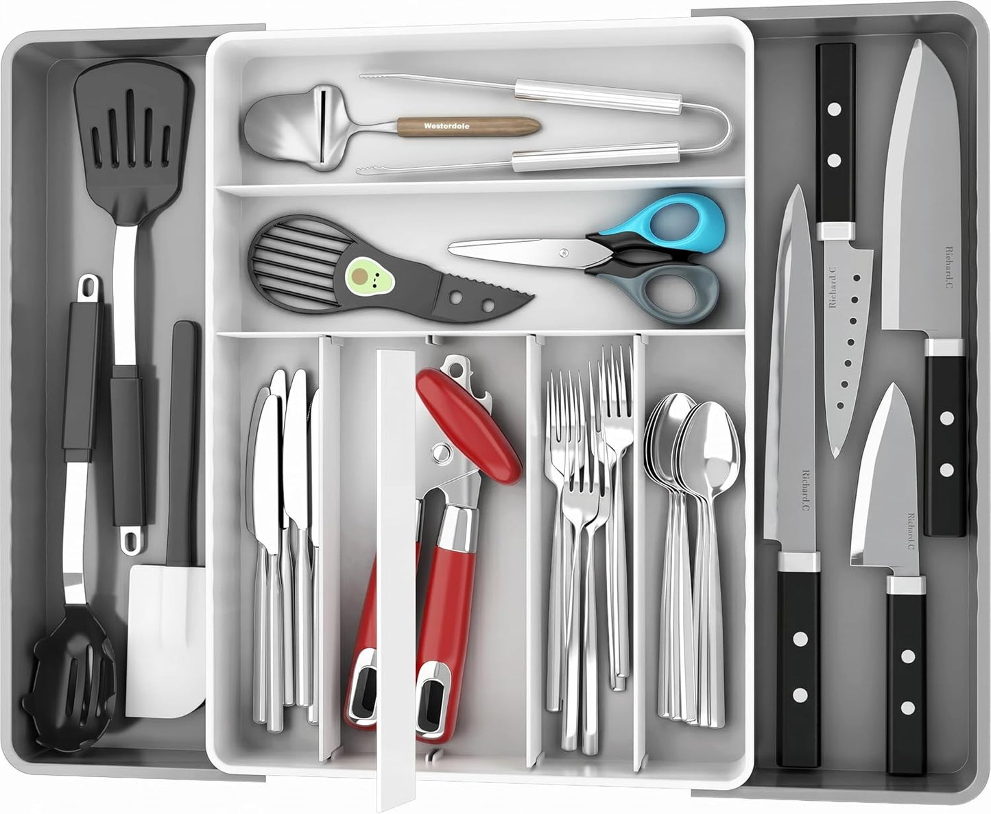 Expandable Kitchen Drawer Flatware Organizer, White | Expandable & Adjustable Cutlery Drawer Organizer - Large Utensil and Flatware Tray for Kitchen Drawers