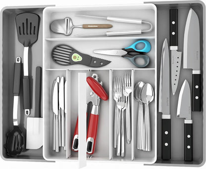 Expandable Kitchen Drawer Flatware Organizer, White | Expandable & Adjustable Cutlery Drawer Organizer - Large Utensil and Flatware Tray for Kitchen Drawers