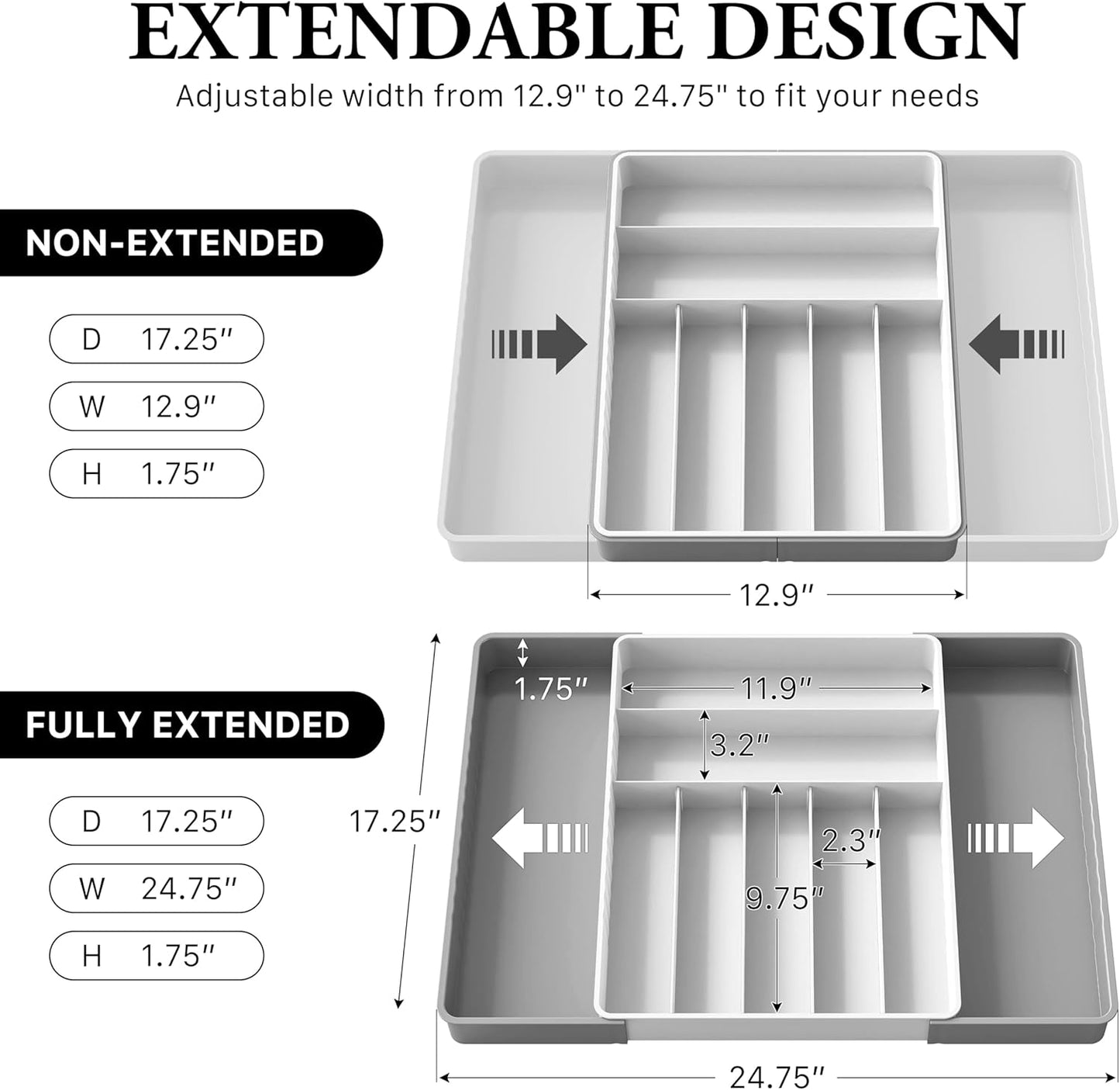 Expandable Kitchen Drawer Flatware Organizer, White | Expandable & Adjustable Cutlery Drawer Organizer - Large Utensil and Flatware Tray for Kitchen Drawers