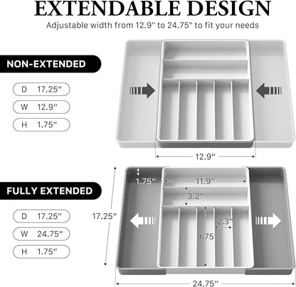Expandable Kitchen Drawer Flatware Organizer, White | Expandable & Adjustable Cutlery Drawer Organizer - Large Utensil and Flatware Tray for Kitchen Drawers