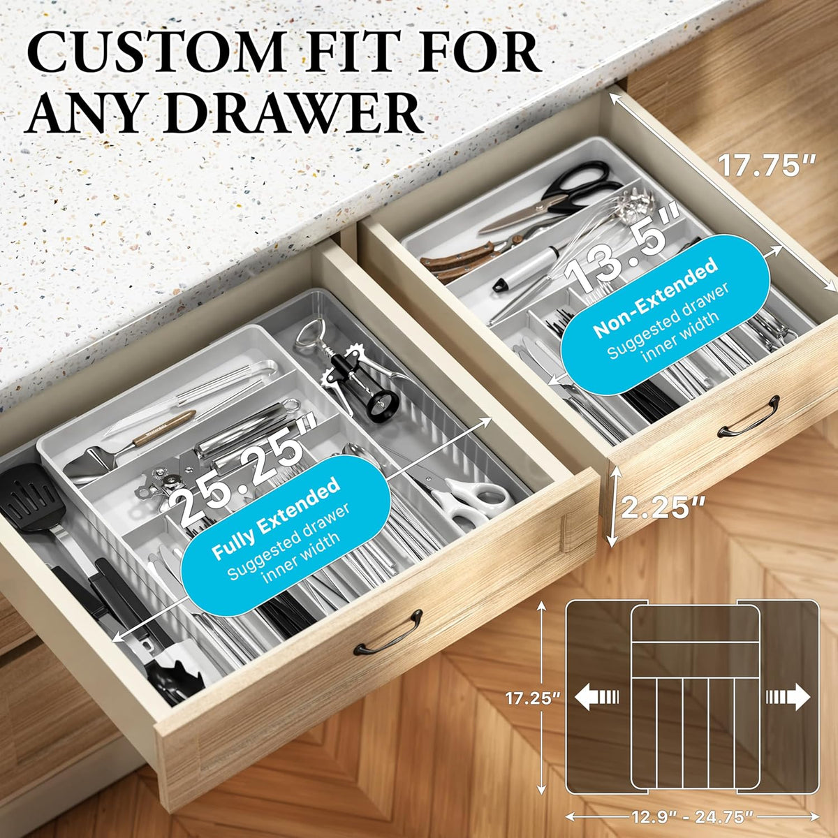 Expandable Kitchen Drawer Flatware Organizer, White | Expandable & Adjustable Cutlery Drawer Organizer - Large Utensil and Flatware Tray for Kitchen Drawers