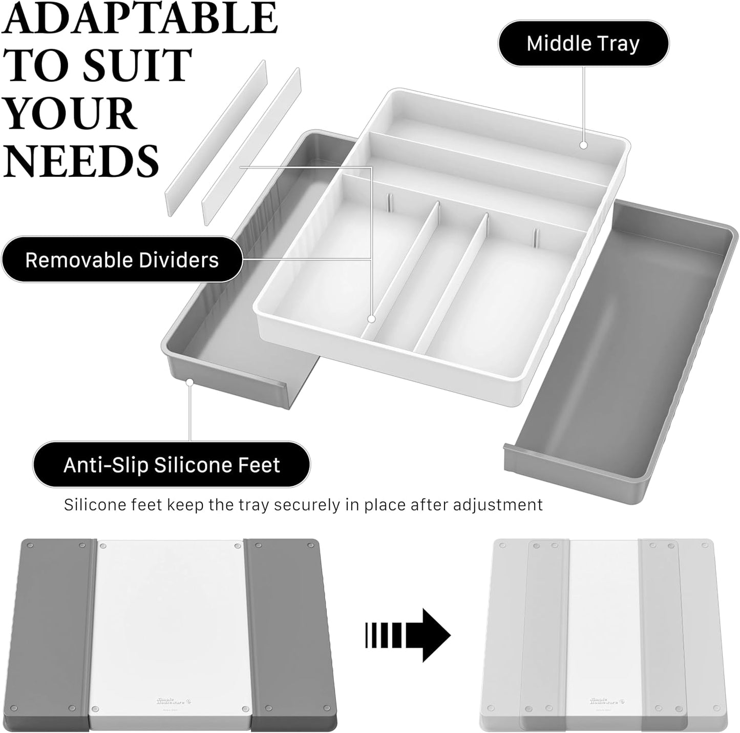 Expandable Kitchen Drawer Flatware Organizer, White | Expandable & Adjustable Cutlery Drawer Organizer - Large Utensil and Flatware Tray for Kitchen Drawers