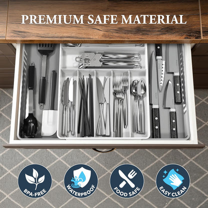 Expandable Kitchen Drawer Flatware Organizer, White | Expandable & Adjustable Cutlery Drawer Organizer - Large Utensil and Flatware Tray for Kitchen Drawers