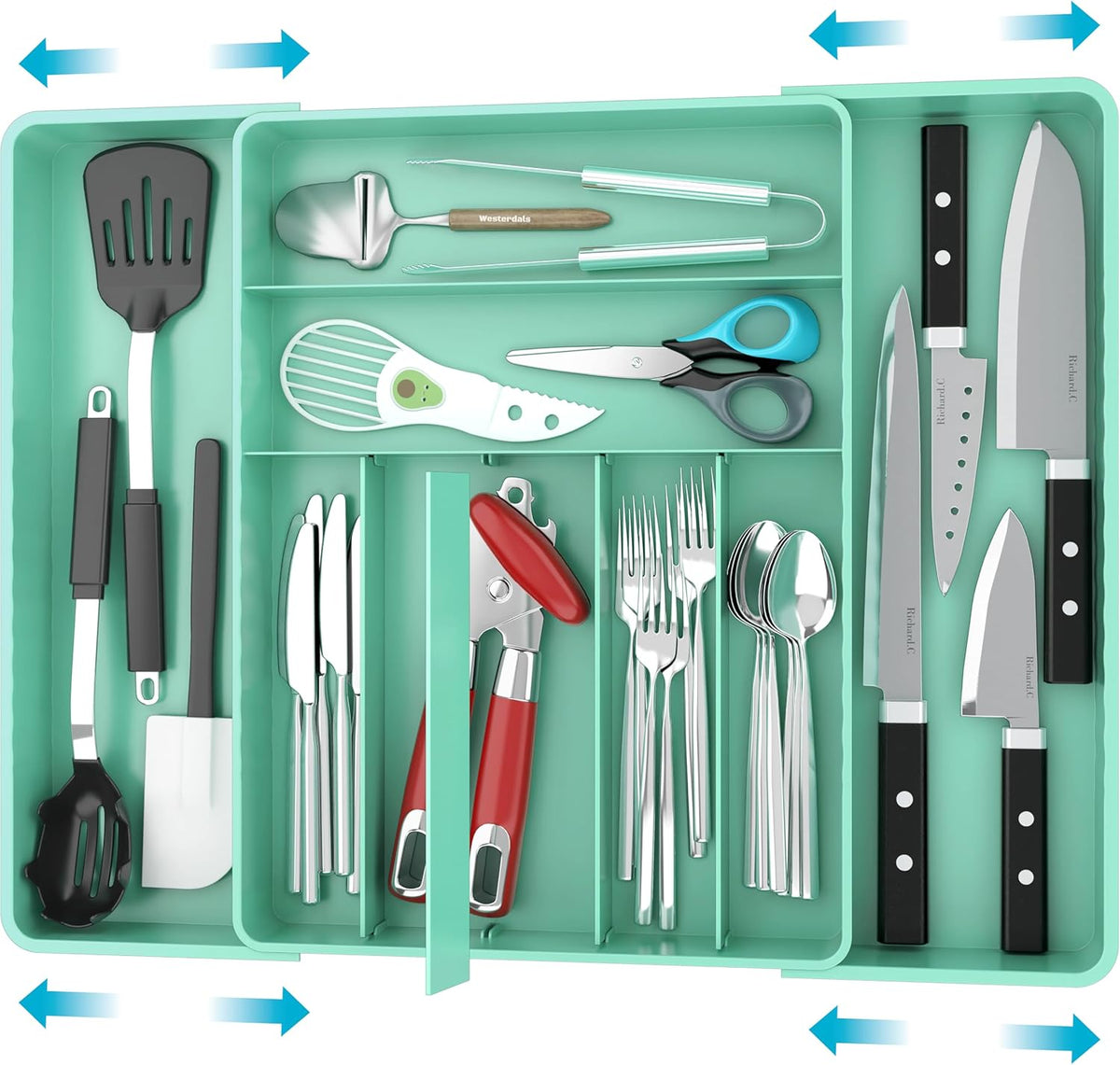 Expandable Kitchen Drawer Flatware Organizer, White | Expandable & Adjustable Cutlery Drawer Organizer - Large Utensil and Flatware Tray for Kitchen Drawers