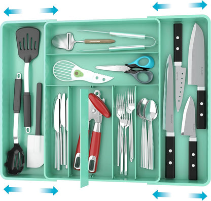 Expandable Kitchen Drawer Flatware Organizer, White | Expandable & Adjustable Cutlery Drawer Organizer - Large Utensil and Flatware Tray for Kitchen Drawers