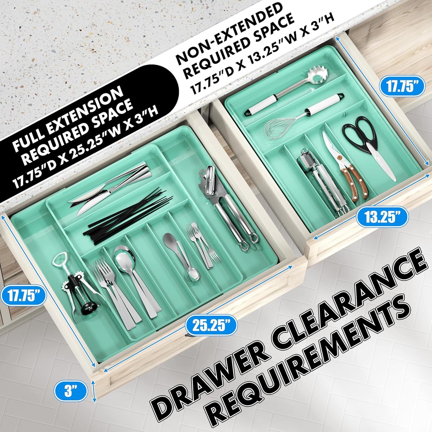 Expandable Kitchen Drawer Flatware Organizer, White | Expandable & Adjustable Cutlery Drawer Organizer - Large Utensil and Flatware Tray for Kitchen Drawers