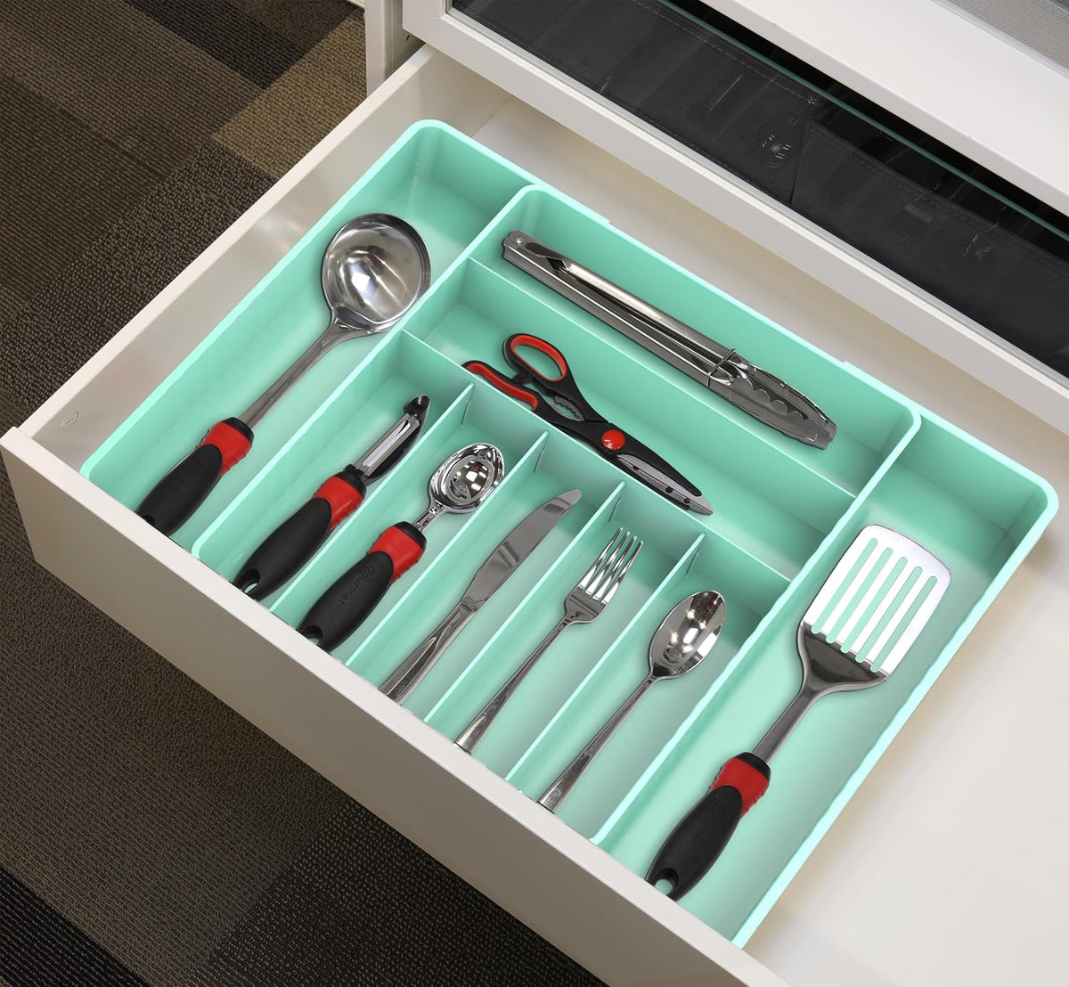 Expandable Kitchen Drawer Flatware Organizer, White | Expandable & Adjustable Cutlery Drawer Organizer - Large Utensil and Flatware Tray for Kitchen Drawers