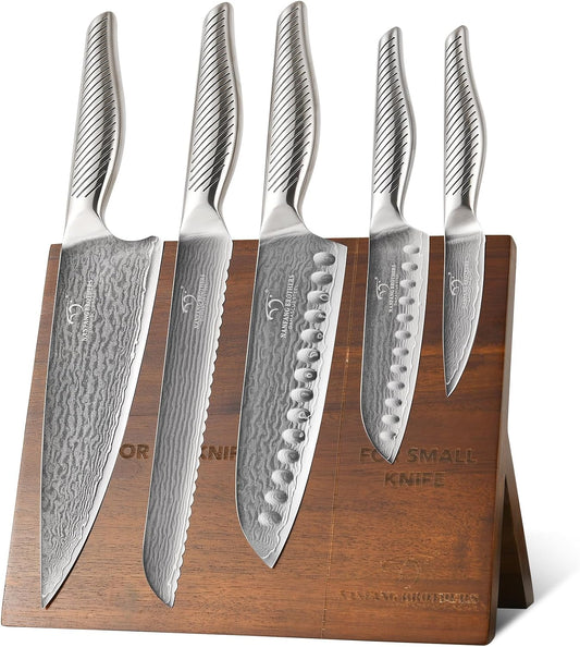 ® Knife Set with Magnetic Knife Block 6-piece set | Acacia wood magnetic block; 6-piece set for home kitchen; Anti-slip stainless steel handle; ready to use