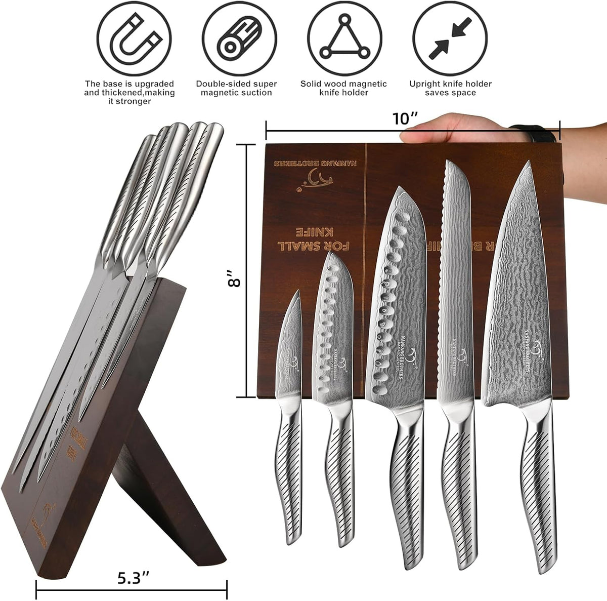 ® Knife Set with Magnetic Knife Block 6-piece set | Acacia wood magnetic block; 6-piece set for home kitchen; Anti-slip stainless steel handle; ready to use