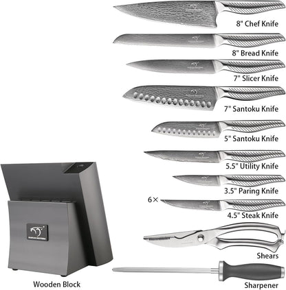 ® Knife Set with Magnetic Knife Block 6-piece set | Acacia wood magnetic block; 6-piece set for home kitchen; Anti-slip stainless steel handle; ready to use