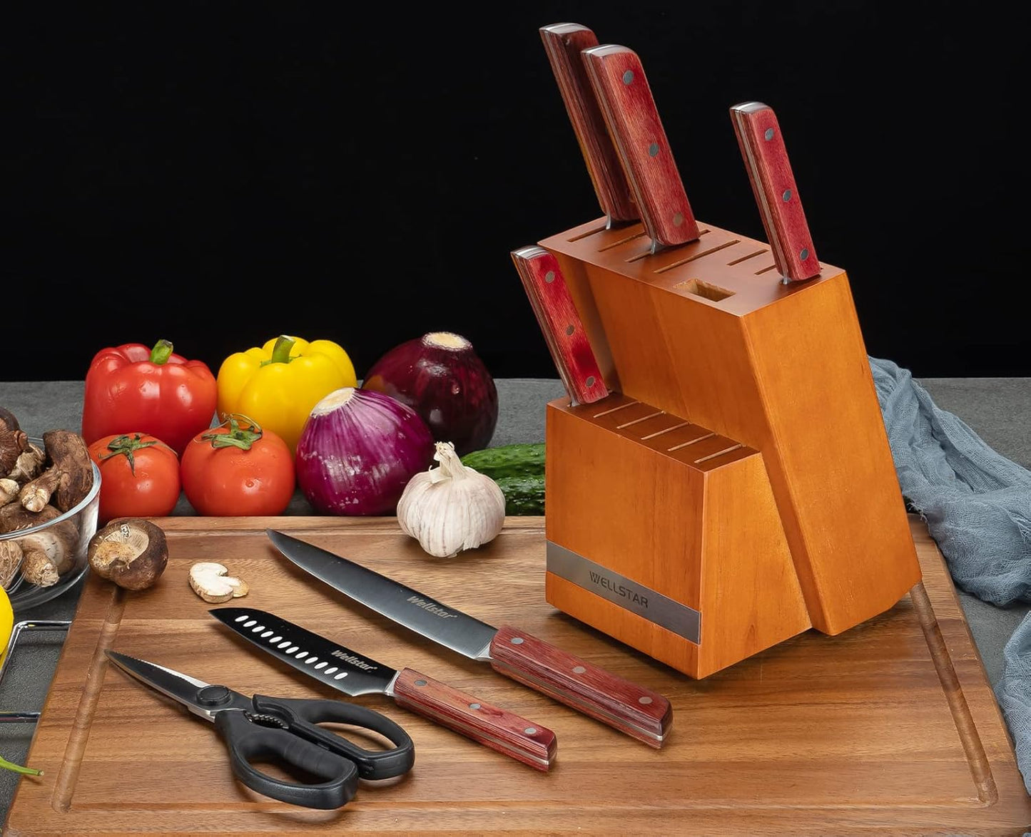 14 Slot Kitchen Knives Block, Natural Wood Knife Holder without Knives – Hard Wood Countertop Knife Storage – Brown
