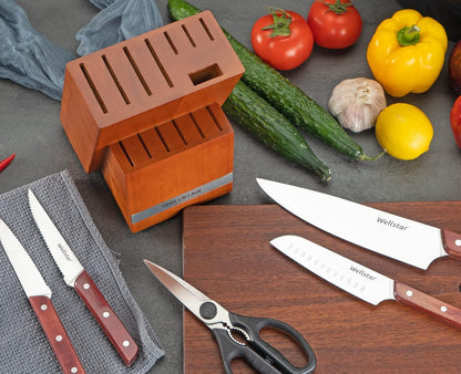 14 Slot Kitchen Knives Block, Natural Wood Knife Holder without Knives – Hard Wood Countertop Knife Storage – Brown