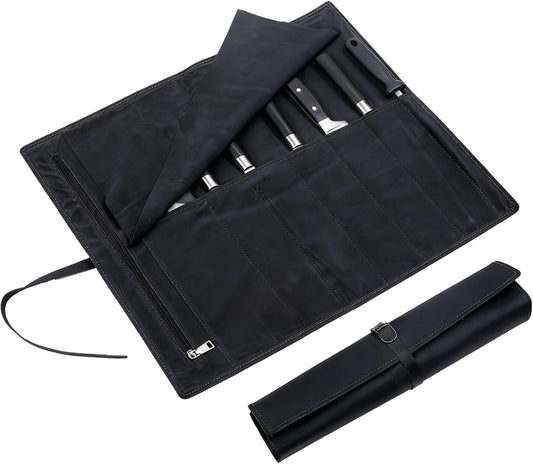 Leather Knife Roll, Chef Knife Roll Bag, Knives Carrying Case | Culinary Tools Carrying Storage, Portable Travel Storage with 7 Slots & Zipper, Gifts for Chef