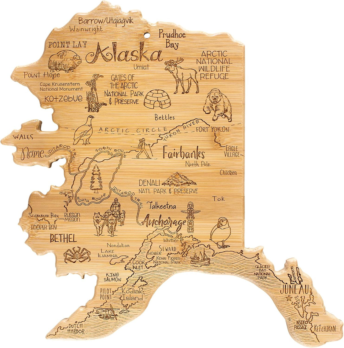 Destination Alaska State Shaped Cutting Board | State charcuterie serving board with engraved map artwork. Smooth reverse side for food prep. Hang tie for wall display.