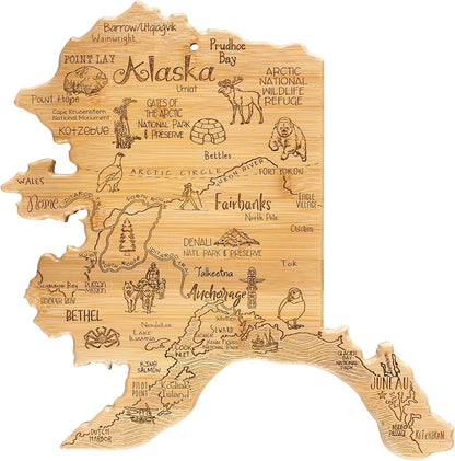 Destination Alaska State Shaped Cutting Board | State charcuterie serving board with engraved map artwork. Smooth reverse side for food prep. Hang tie for wall display.
