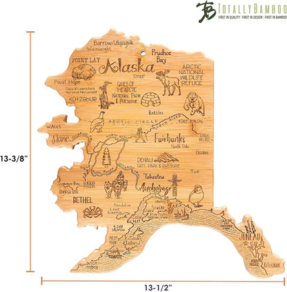 Destination Alaska State Shaped Cutting Board | State charcuterie serving board with engraved map artwork. Smooth reverse side for food prep. Hang tie for wall display.
