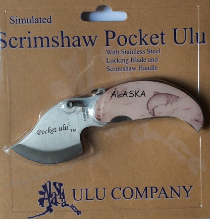 Alaska Simulated Scrimshaw Salmon Fish Handle Pocket Ulu Knife