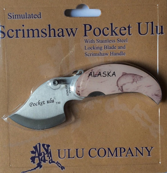 Alaska Simulated Scrimshaw Salmon Fish Handle Pocket Ulu Knife