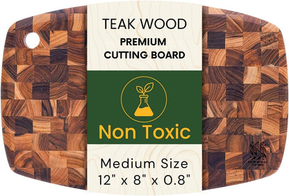 Teak Wood Oval End Grain Cutting Board 12" x 8" x 0.8", Small Solid Wood Kitchen Cutting Board for Fruit & Cheese Prep, Decorative Serving Board with Hanging Hole by New M Way