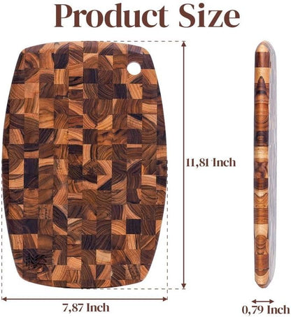 Teak Wood Oval End Grain Cutting Board 12" x 8" x 0.8", Small Solid Wood Kitchen Cutting Board for Fruit & Cheese Prep, Decorative Serving Board with Hanging Hole by New M Way