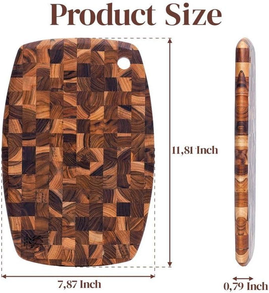Teak Wood Oval End Grain Cutting Board 12" x 8" x 0.8", Small Solid Wood Kitchen Cutting Board for Fruit & Cheese Prep, Decorative Serving Board with Hanging Hole by New M Way