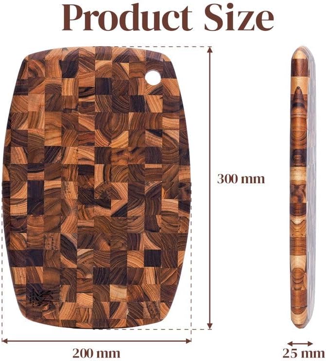 Teak Wood Oval End Grain Cutting Board 12" x 8" x 0.8", Small Solid Wood Kitchen Cutting Board for Fruit & Cheese Prep, Decorative Serving Board with Hanging Hole by New M Way