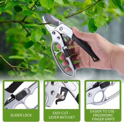 Premium Germany - Steel Pruning Shears, Work 3 Times Easier, Pruners Heady Duty, Sharp Garden Clippers Cuting Florist Flower, Hedge, Herb, Rose, Indoor Live Plants, Arthritis Weak Hand Snips