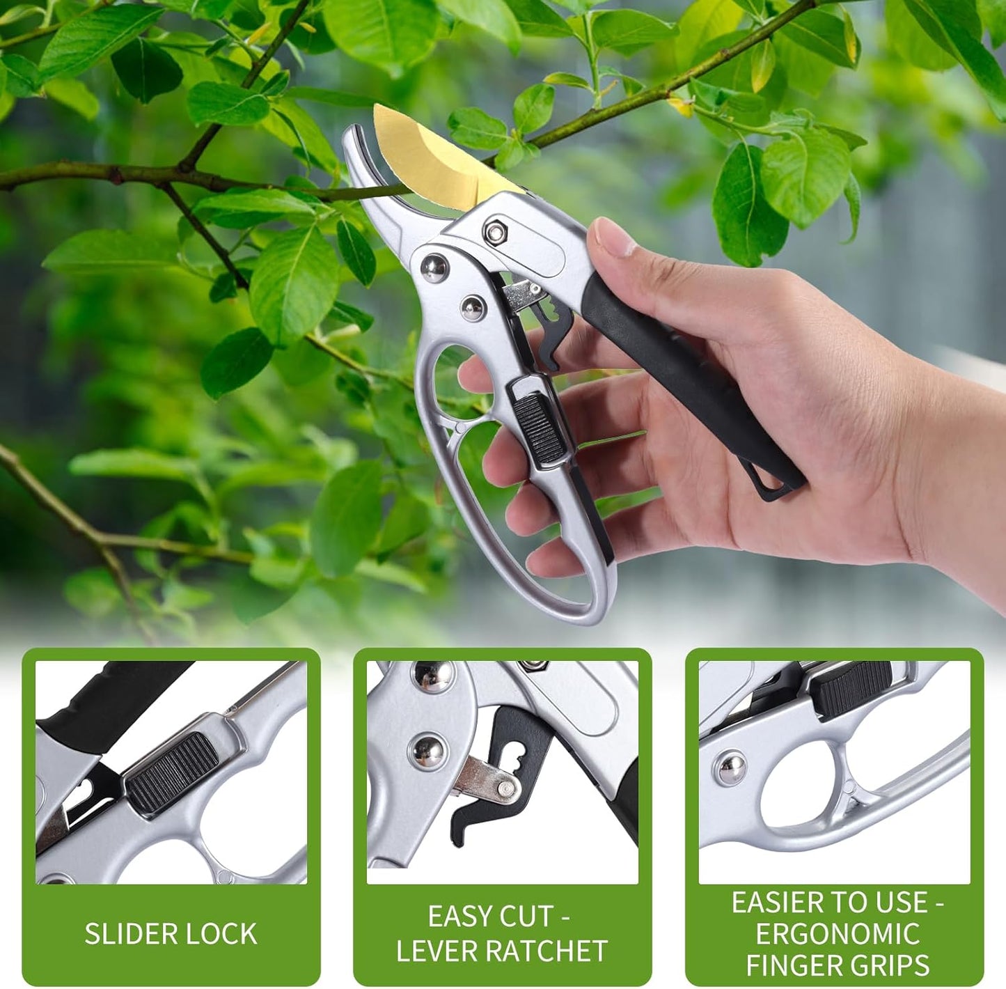 Premium Germany - Steel Pruning Shears, Work 3 Times Easier, Pruners Heady Duty, Sharp Garden Clippers Cuting Florist Flower, Hedge, Herb, Rose, Indoor Live Plants, Arthritis Weak Hand Snips