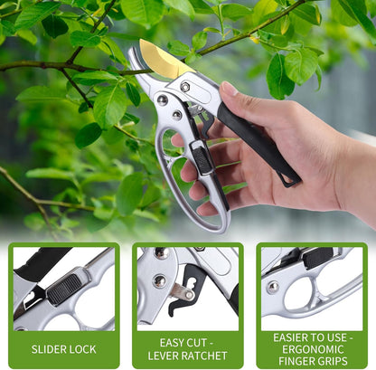 Premium Germany - Steel Pruning Shears, Work 3 Times Easier, Pruners Heady Duty, Sharp Garden Clippers Cuting Florist Flower, Hedge, Herb, Rose, Indoor Live Plants, Arthritis Weak Hand Snips