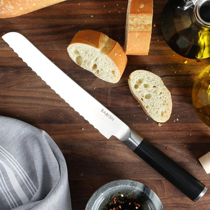 8-Inch Bread Knife – High-Carbon 1.4116 German Steel Kitchen Knife – Professional Serrated Cutlery for Slicing Bread and Baked Goods
