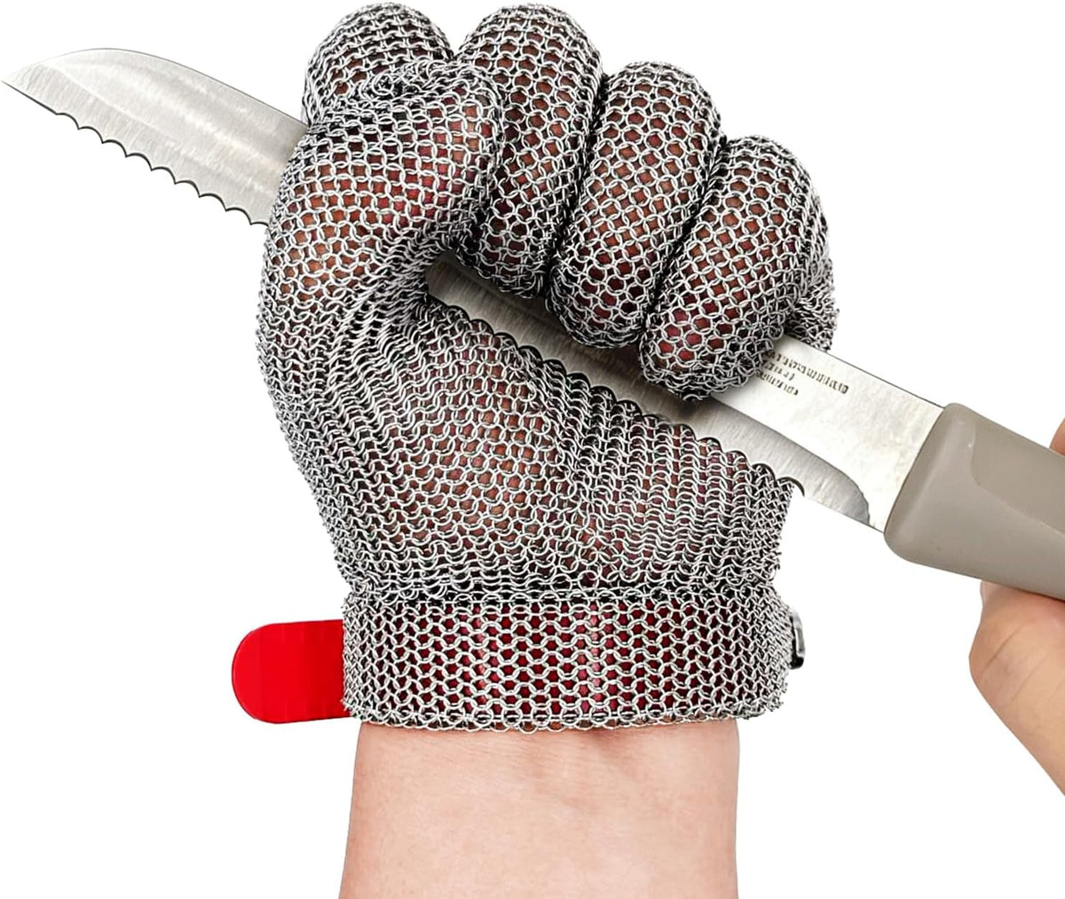 Chainmail Glove Plastic Wrist 316L SS Cut Resistant Metal Mesh for Butcher | welded-ring cut protection for butchering oyster shucking filleting and mandoline work M