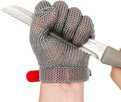 Chainmail Glove Plastic Wrist 316L SS Cut Resistant Metal Mesh for Butcher | welded-ring cut protection for butchering oyster shucking filleting and mandoline work M