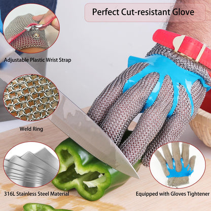 Chainmail Glove Plastic Wrist 316L SS Cut Resistant Metal Mesh for Butcher | welded-ring cut protection for butchering oyster shucking filleting and mandoline work M
